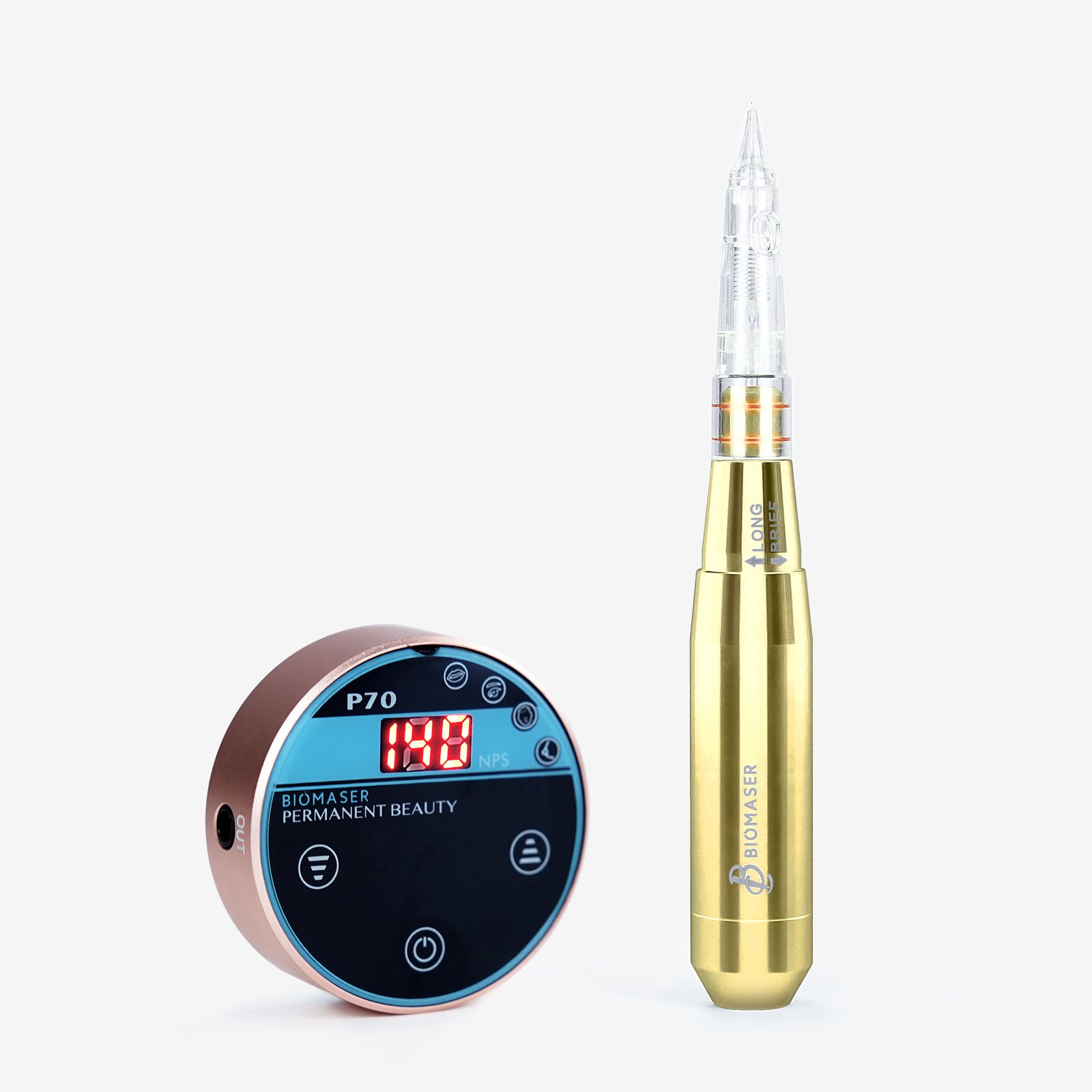 Biomaser P70 Mini Permanent Makeup Machine Kit with digital display, rose gold control panel and gold handpiece.