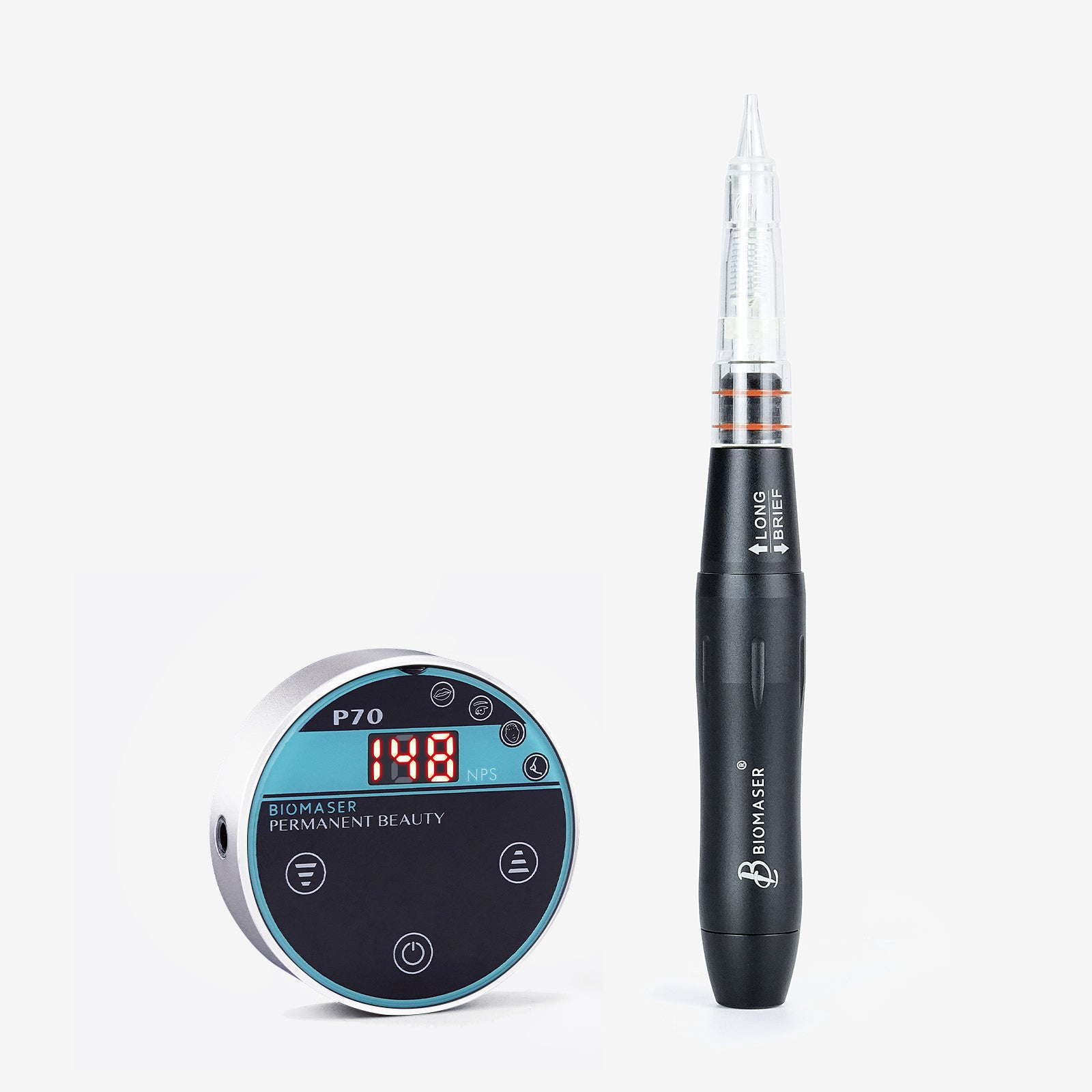 Biomaser P70 permanent makeup machine kit with digital control display and black handpiece. Professional tattoo equipment.