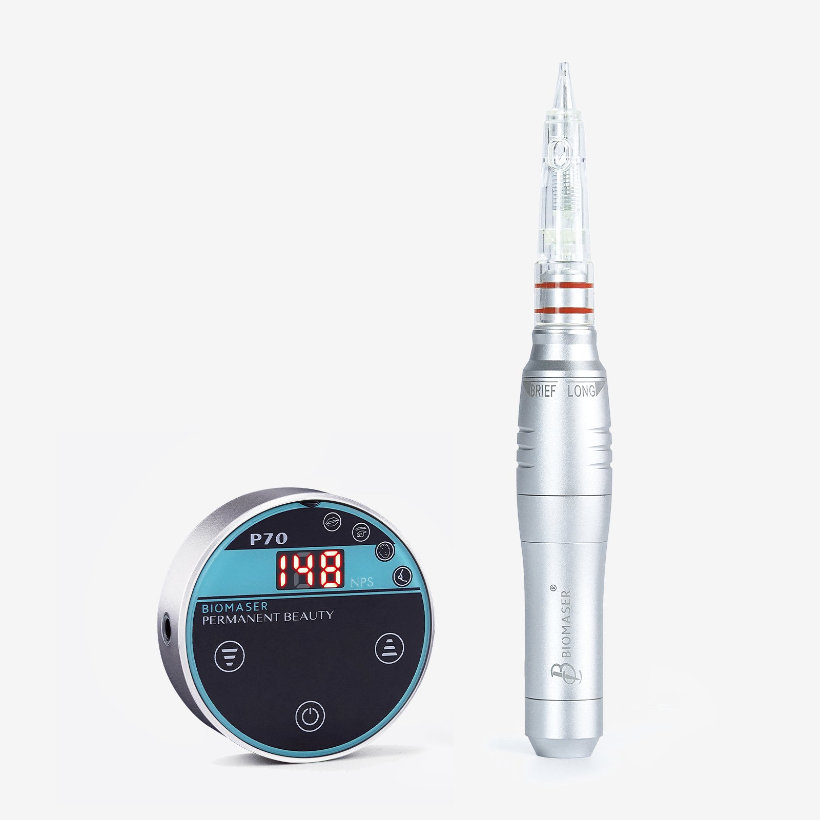 Biomaser P70 Mini PMU Machine Kit - Digital control and silver handpiece. Professional tattoo equipment.