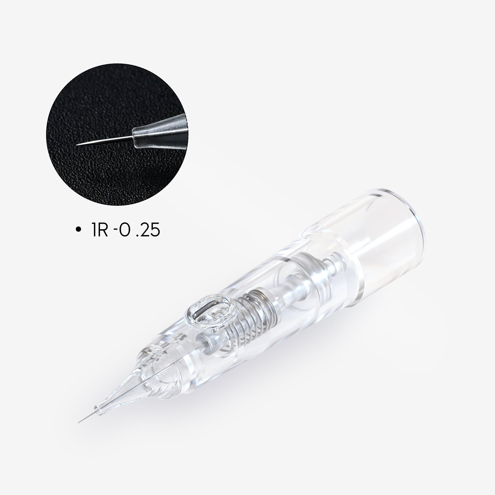 Biomaser 1R-0.25 permanent makeup cartridge needle. Sterile and transparent for professional use. PMU equipment.