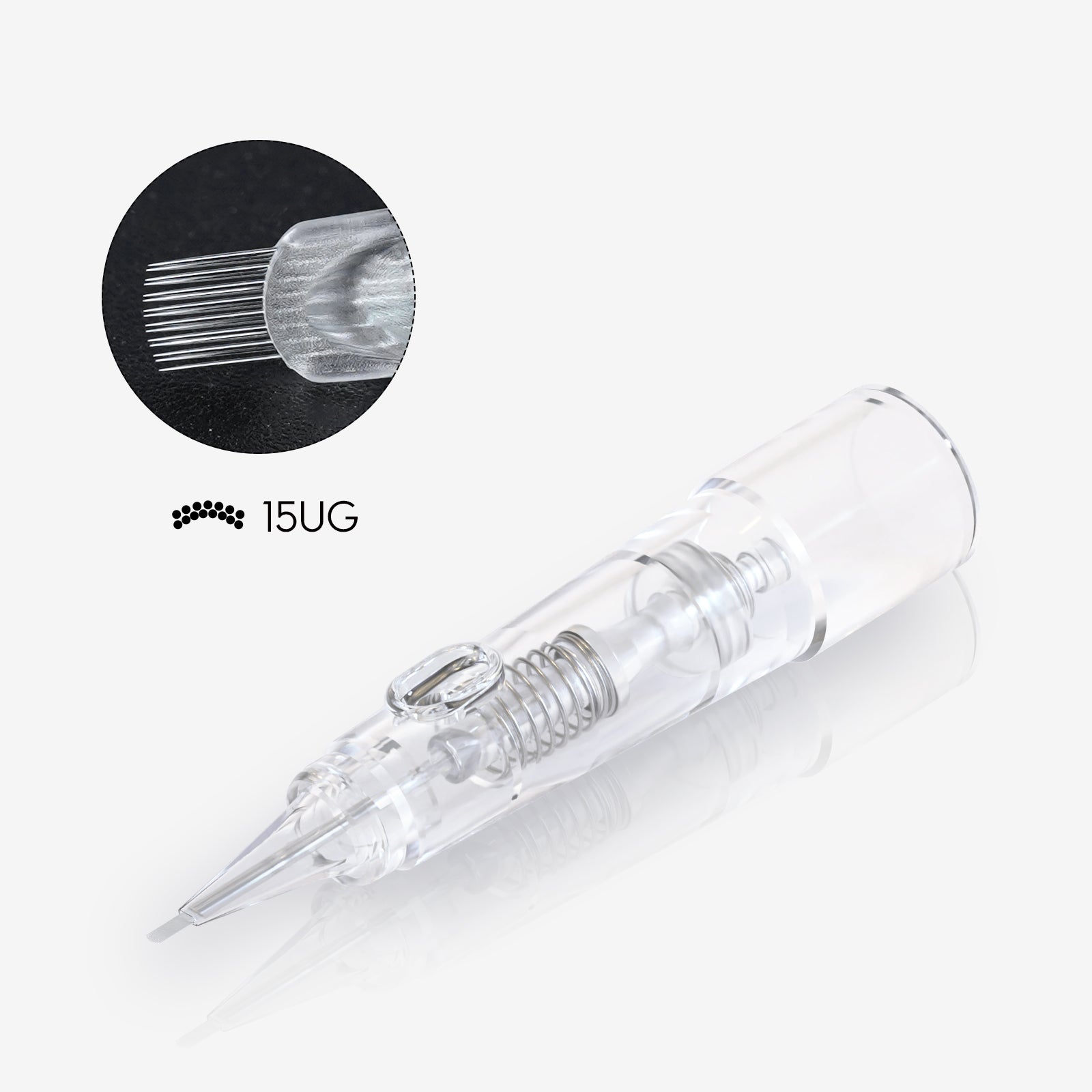 Biomaser 15UG U Flat PMU Cartridge Needle - Transparent medical-grade PMU needle cartridge for professional tattoo artists