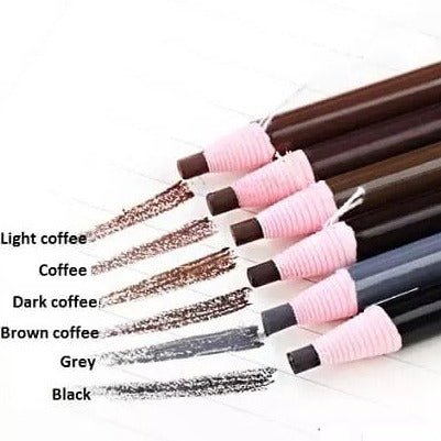 Eyebrow pencil set with different shades: light coffee, coffee, dark coffee, brown coffee, grey and black. Permanent makeup.