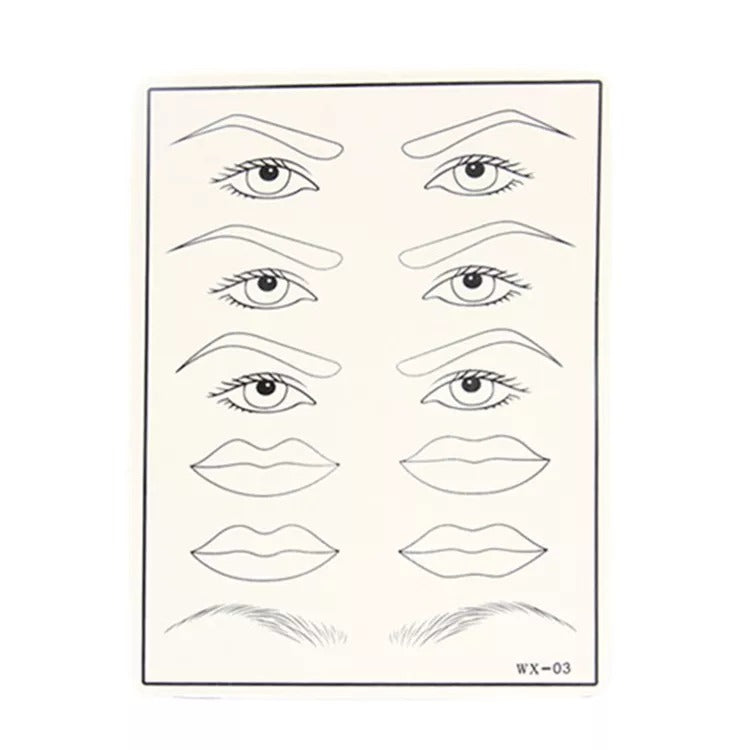 Tattoo practice skin with pre-printed eye, brow, and lip designs for microblading practice. Includes WX-03.