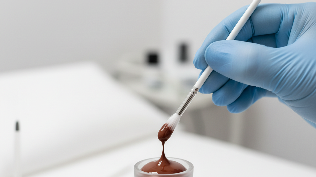 Professional permanent makeup artist preparing PMU pigment sample for safe patch test procedure using sterile tools and gloves.