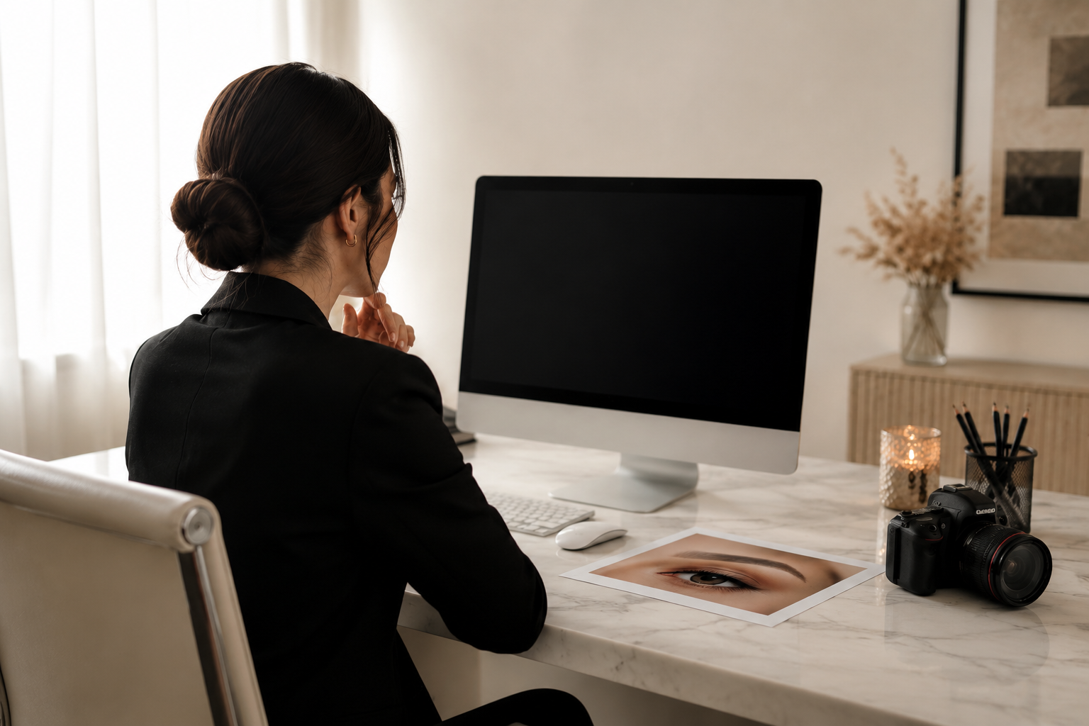 Professional PMU studio consultation and portfolio materials on a clean work surface