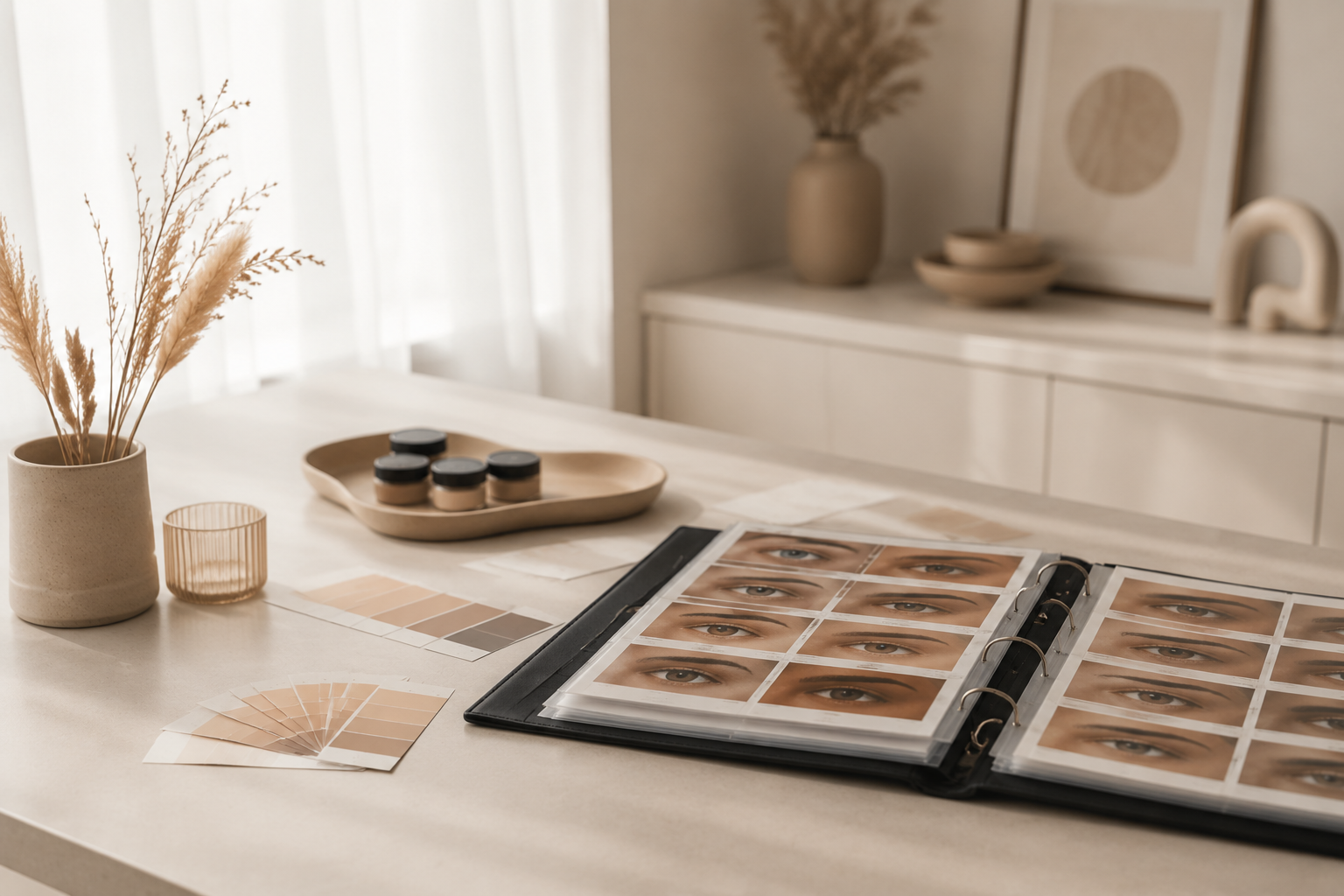 Professional PMU studio consultation and portfolio materials on a clean work surface