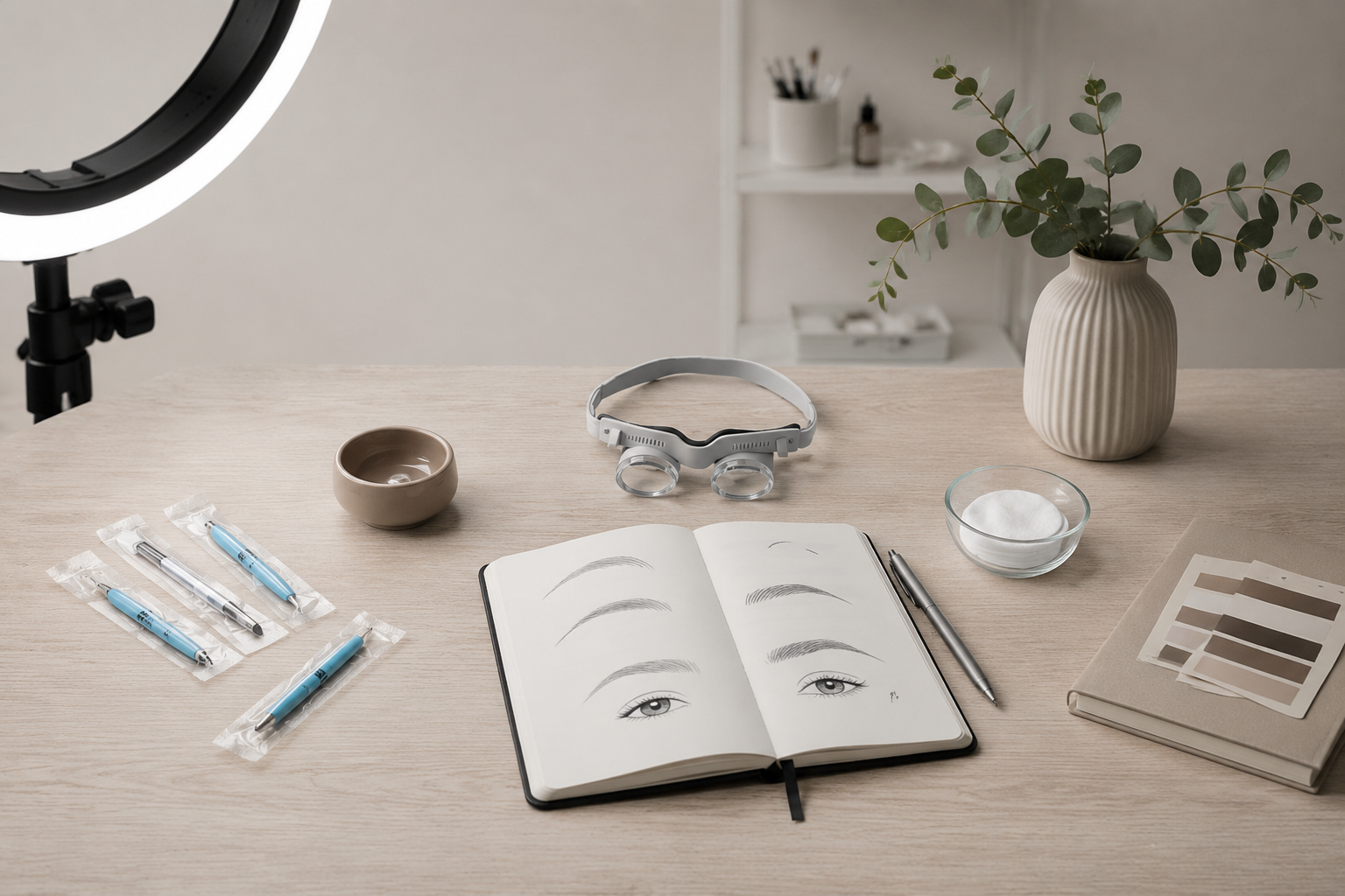 Overhead workspace with pigment cup, sterile tools, and smartphone displaying a blurred healed eyebrow.