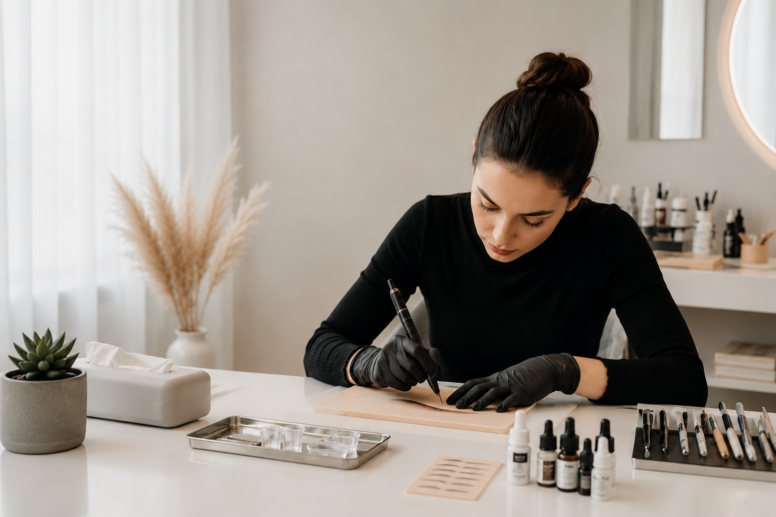 Professional PMU studio consultation and portfolio materials on a clean work surface