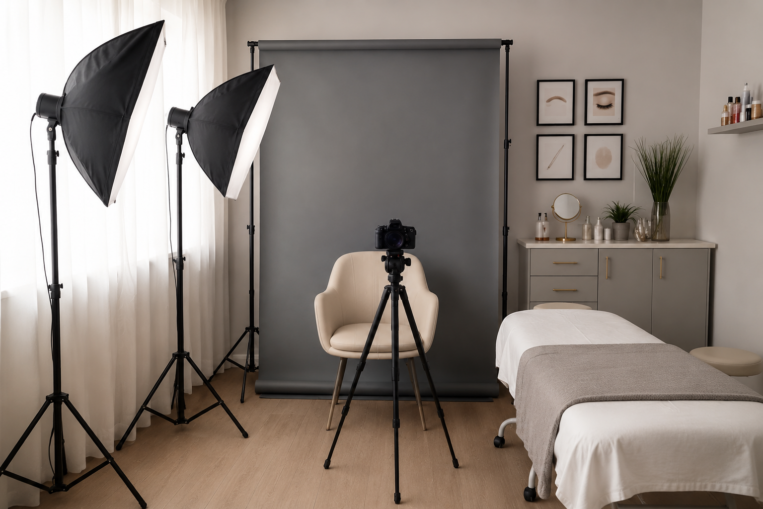 Treatment room photo station with neutral backdrop, chair, tripod-mounted smartphone, and softbox light.