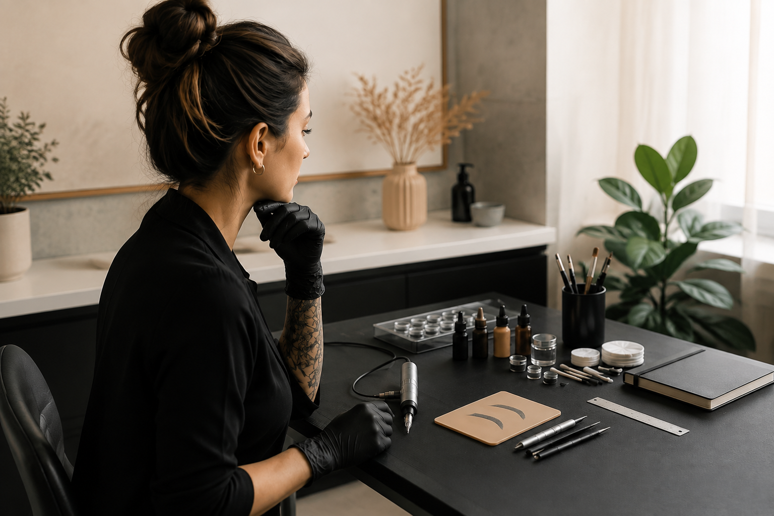 PMU artist comparing machine brow tools with manual practice materials at a thoughtfully arranged studio workstation.