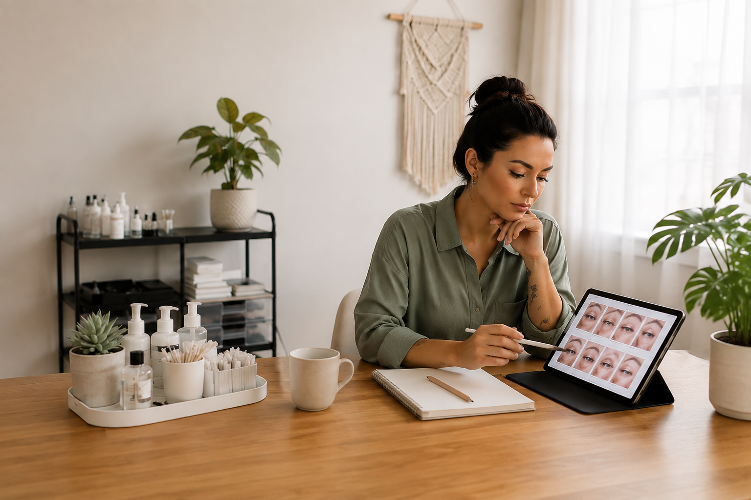Artist reviews portfolio images beside planning notes and organized PMU supplies in a home studio