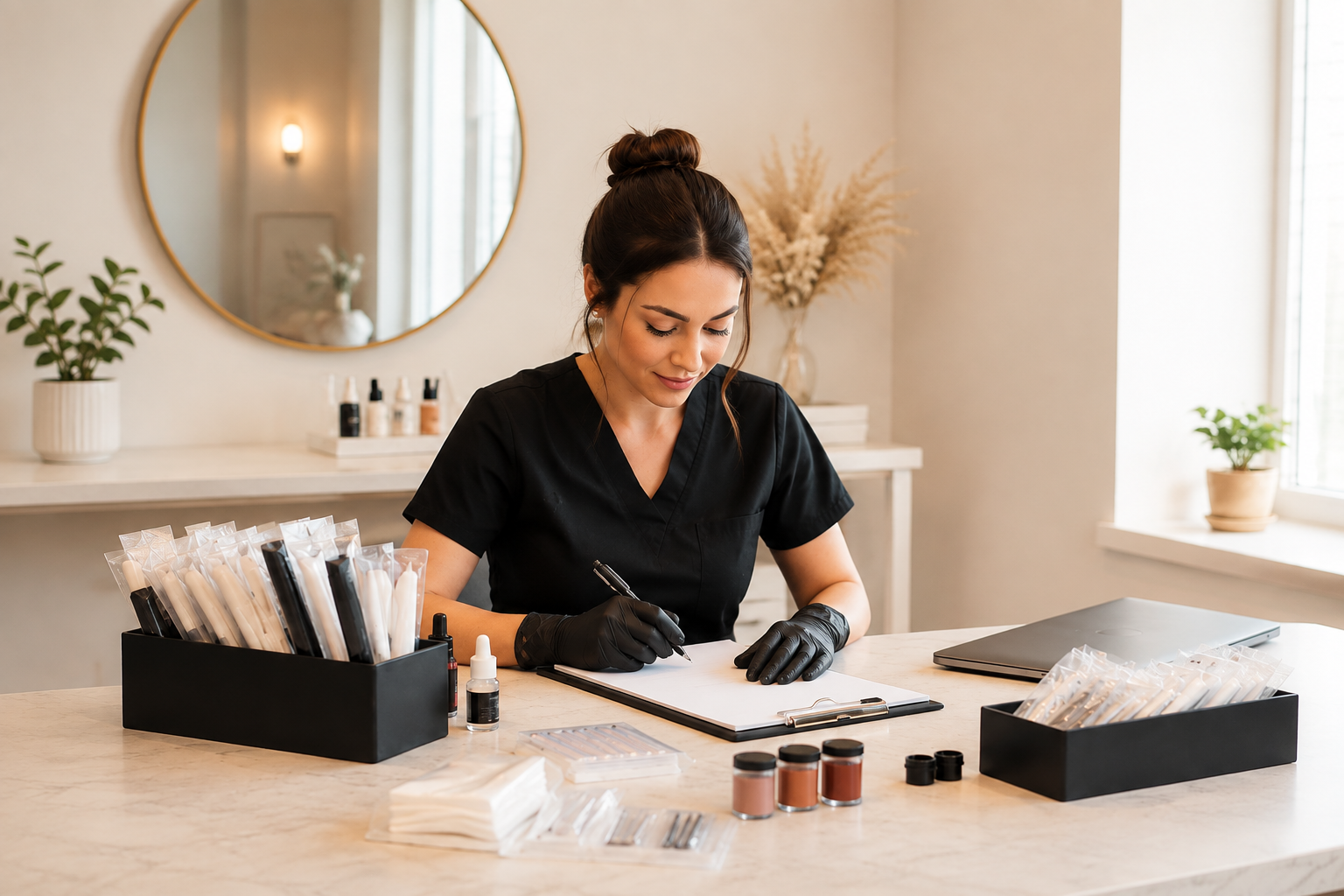 PMU artist reviewing appointment materials and pricing notes at a calm studio desk