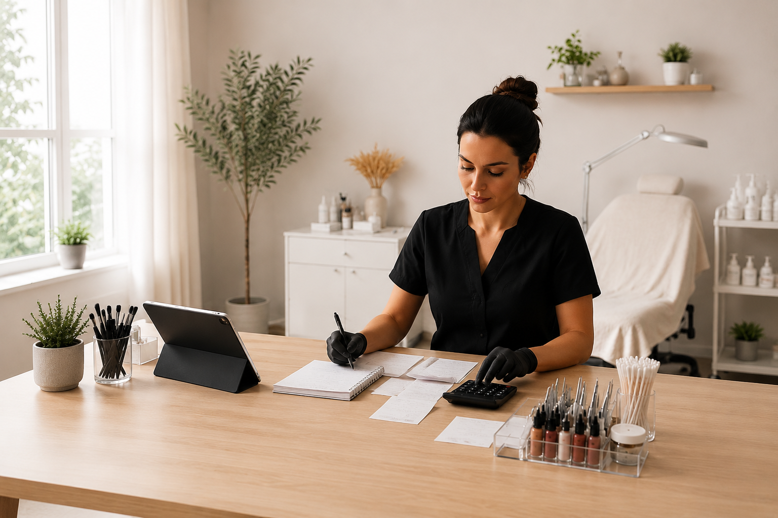 Solo PMU artist reviewing receipts beside a tablet, payment card, and organized studio supplies