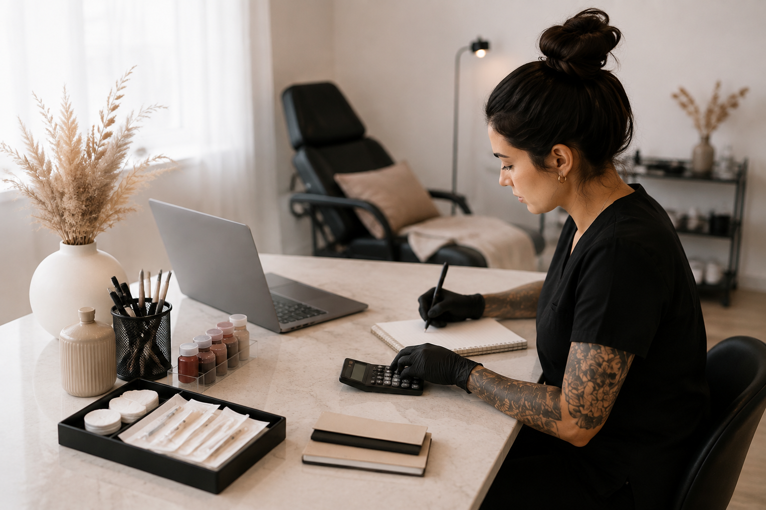 PMU artist reviewing appointment costs beside organized supplies and a calculator at a studio desk