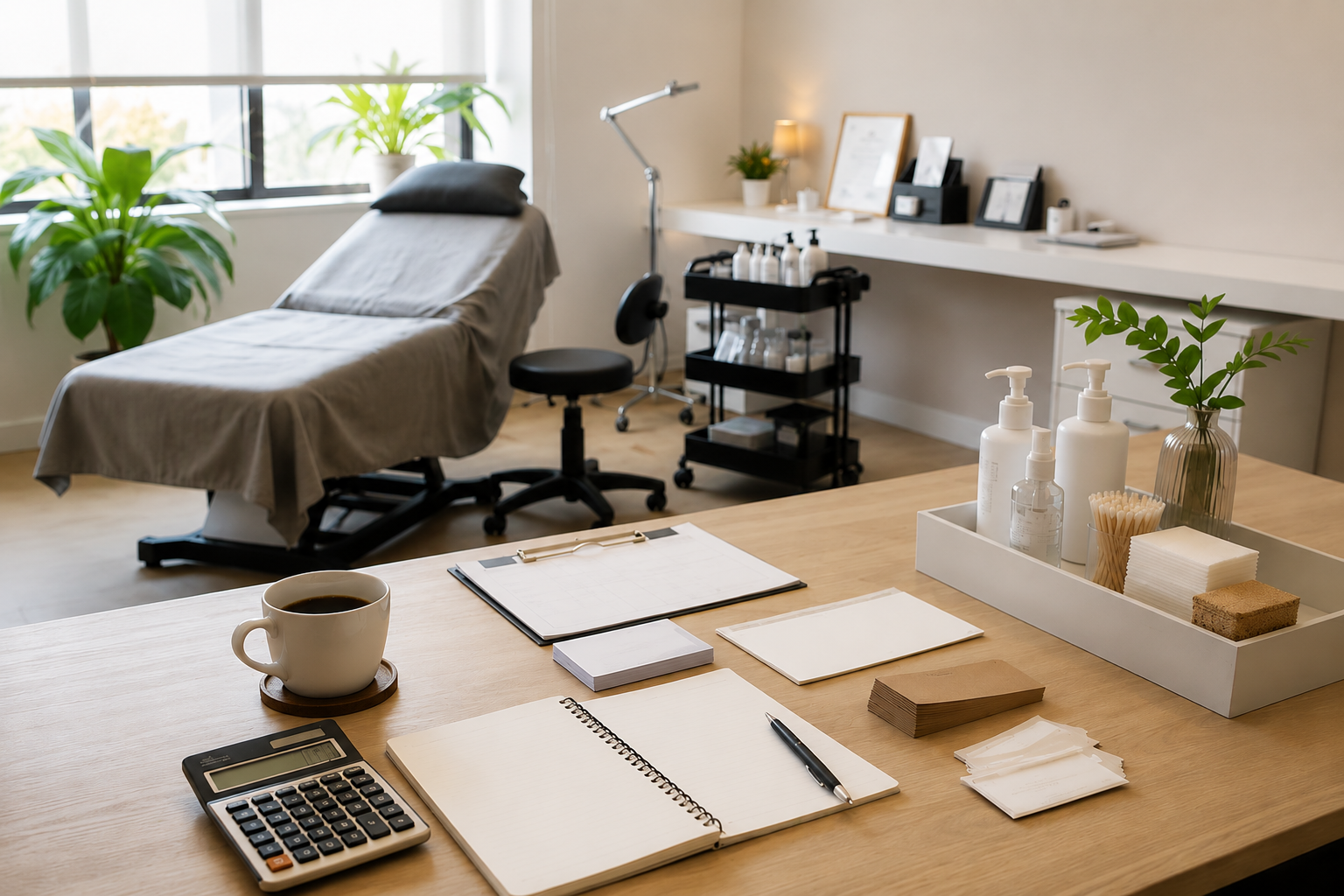 PMU artist reviewing blank financial worksheets beside a treatment chair and organized studio supplies