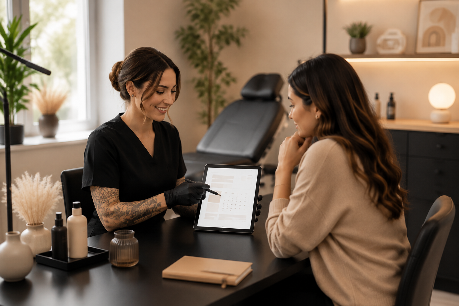 PMU artist and client reviewing a booking tablet beside a calm studio treatment room