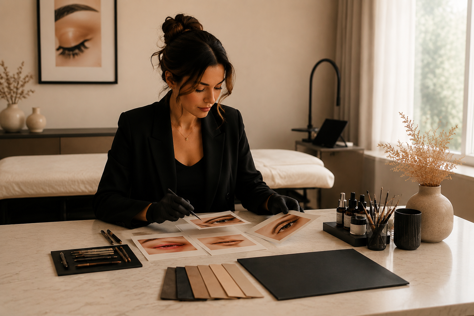 PMU artist reviewing portfolio photographs beside neutral brow, lip, and eyeliner treatment tools