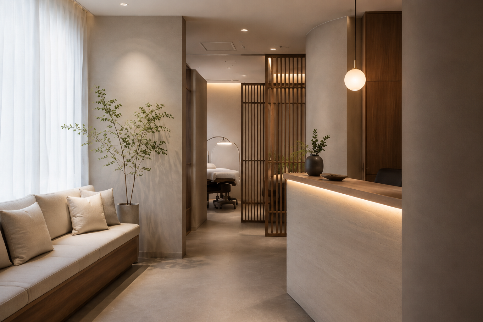 Calm compact studio separates welcoming seating from a screened consultation area.