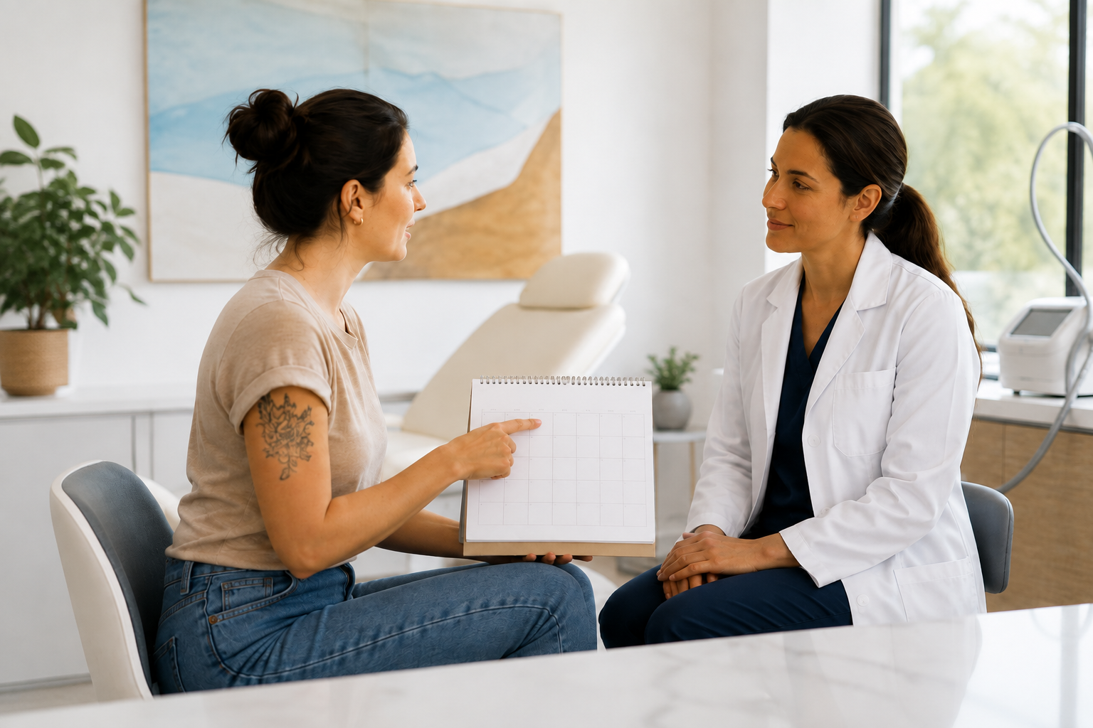 Adult patient discussing tattoo removal timing with clinician beside a softly lit consultation window.