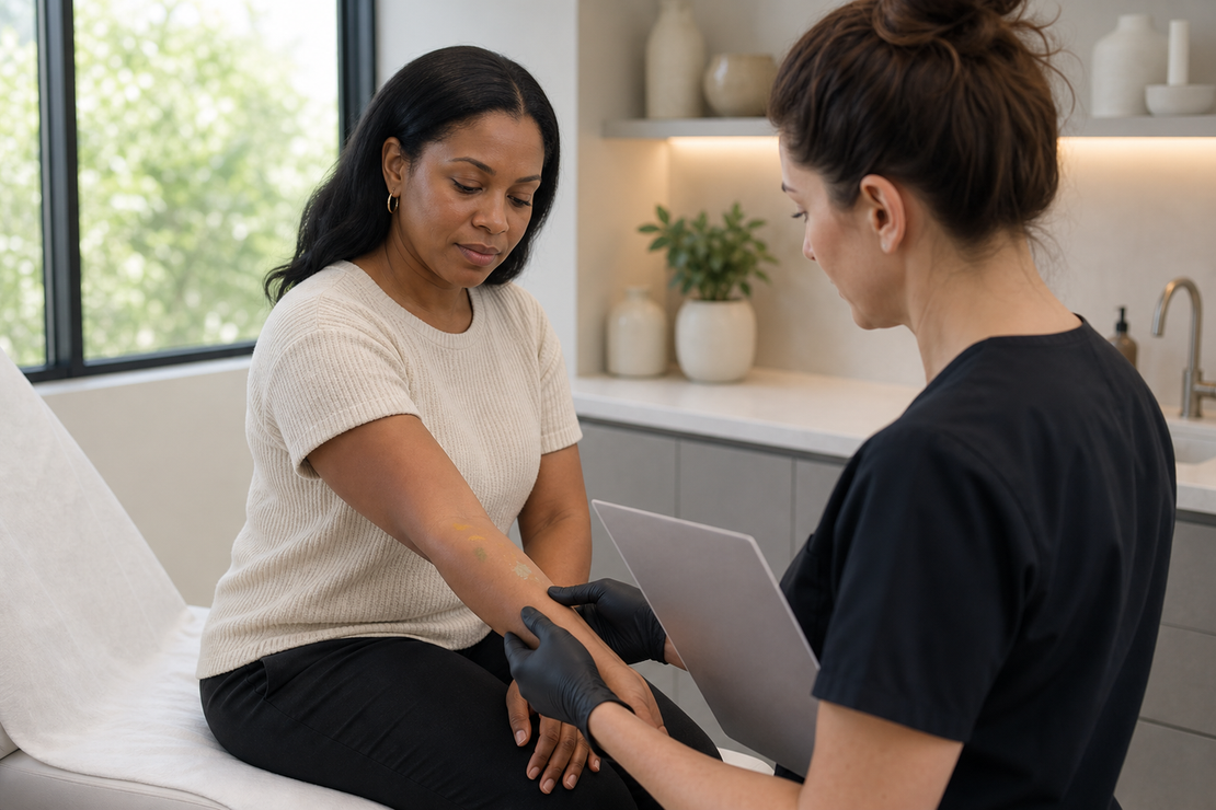 Practitioner assesses yellow, green, and white pigment areas on a client's forearm during consultation