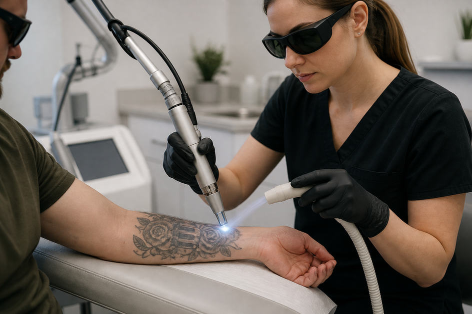 Clinician directs cool air across a tattoo treatment area during a carefully monitored laser session