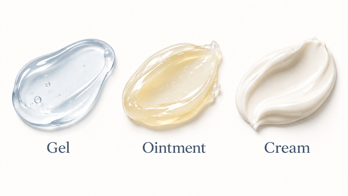 Illustration comparing gel, ointment, and cream textures