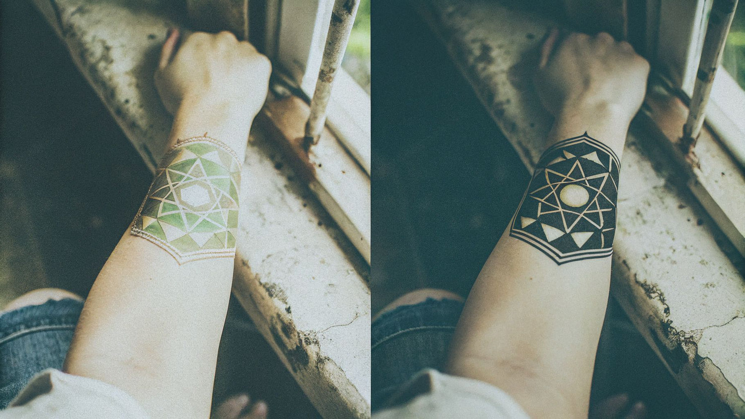 Comparison of UV tattoo visibility under normal daylight (invisible) and blacklight (glowing).