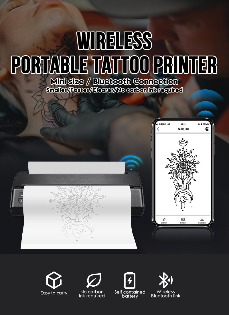 Wireless Tattoo Transfer Stencil Machine Thermal Copier with 10pcs Transfer Paper for tattooing Compatible with iOS＆Android Phone (Upgrade Version)