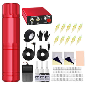 CTG002 Professional Tattoo Kit, including a red tattoo machine, power supply with label TPN-021, tattoo supplies, and inks