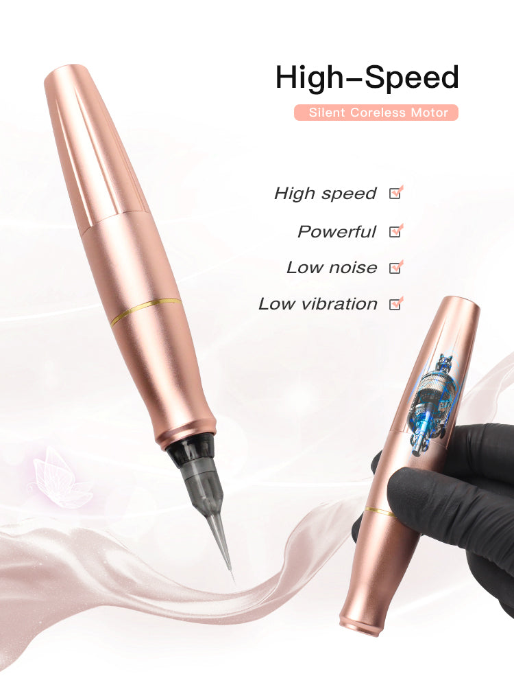 Tatioo INKCHUM Permanent Makeup Machine Pen Set - 10W Coreless Motor, OLED Display, 2 Batteries, 10 Cartridge Needles (Rose Gold)