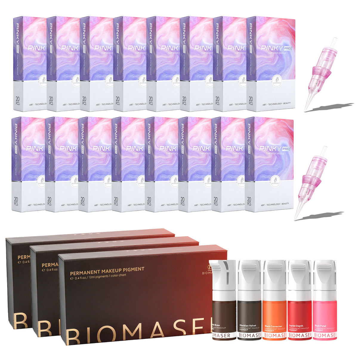 Biomaser Claro PMU Refill Kit | 320 Pcs Pinky Pro Needles & 15 Bottles Pigment