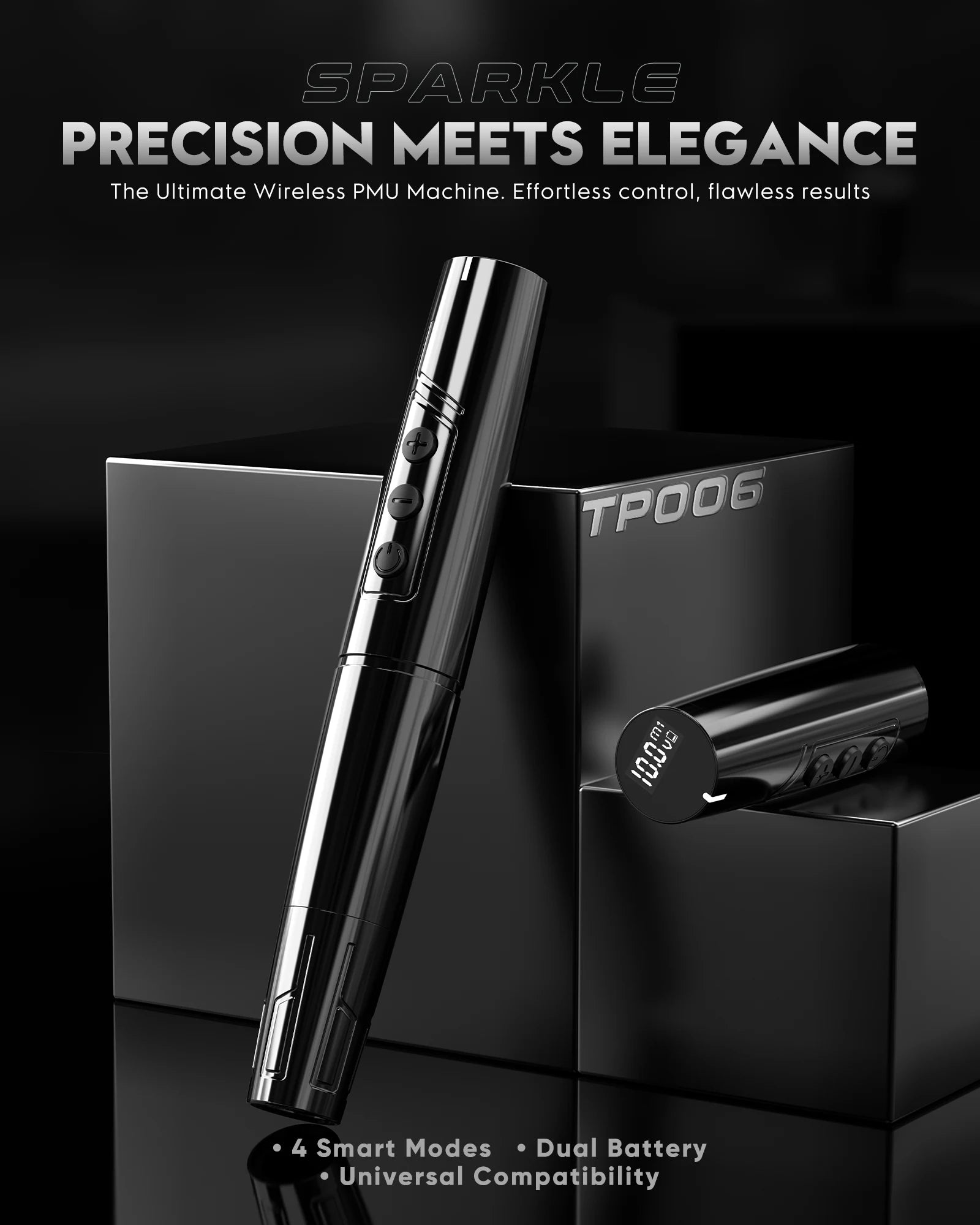 Biomaser TP006 Wireless PMU Machine in black. Digital display showing 10.0, professional tattoo equipment.