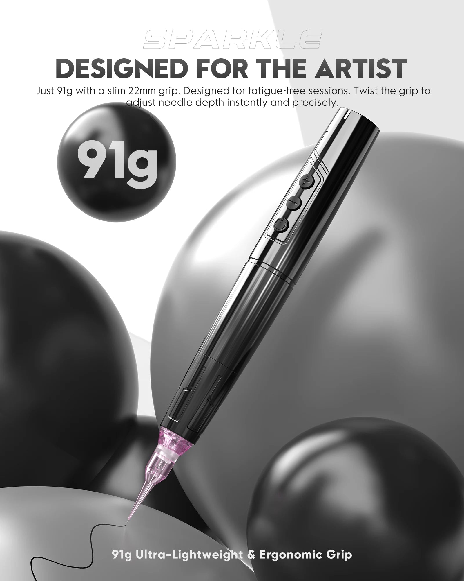 Biomaser TP006 Wireless PMU Machine in black. Digital display showing 10.0, professional tattoo equipment.