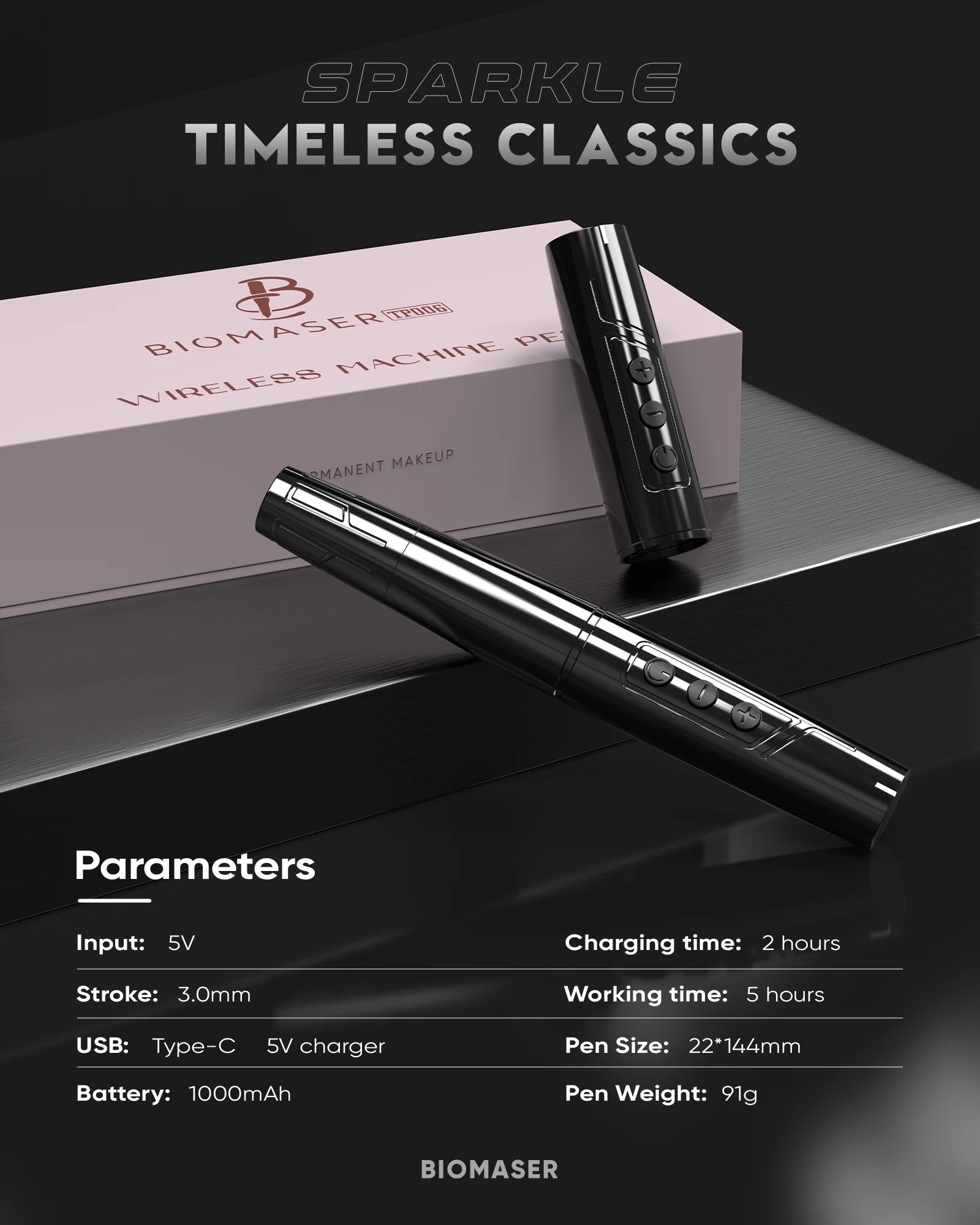 Biomaser TP006 Wireless PMU Machine in black. Digital display showing 10.0, professional tattoo equipment.