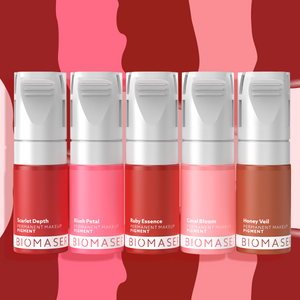 Biomaser PMU lip pigments: Scarlet Depth, Ruby Essence, and more. Long-lasting, organic PMU lip ink for professional use.